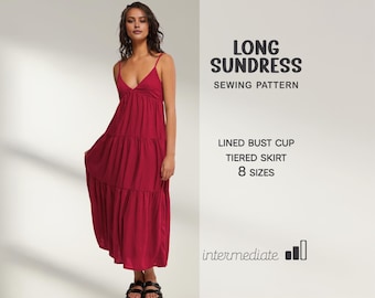 Patrón de vestido largo de verano, patrón de costura de vestido midi XS - 4XL, vestido de verano acampanado, patrón de vestido de tallas grandes, patrones en PDF, descarga instantánea