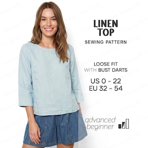 Peut inclure: Un patron de couture pour haut en lin bleu clair avec une coupe ample et des pinces de poitrine. Le texte indique LINEN TOP SEWING PATTERN, LOOSE FIT WITH BUST DARTS, US 0 - 22, EU 32 - 54, et advanced beginner. Le haut a des manches trois-quarts.