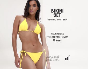 May include: A vibrant yellow bikini set. The triangle top and low-rise bottoms are tied with strings. The image includes text that reads "BIKINI SET SEWING PATTERN" and "REVERSIBLE FOR STRETCH KNITS 8 SIZES".