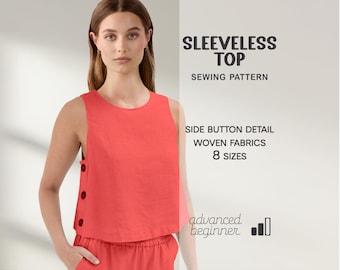 Naaipatroon katoenen top voor dames, patroon mouwloze top, linnen tuniekpatroon, patroon overhemd, button-down shirt, zomerblouse, crop toppatroon