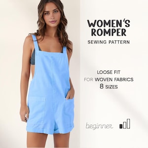 May include: A light blue romper with a loose fit, featuring a square neckline, two front pockets, and adjustable straps. The image includes text that reads "WOMEN'S ROMPER SEWING PATTERN" and "LOOSE FIT FOR WOVEN FABRICS 8 SIZES".