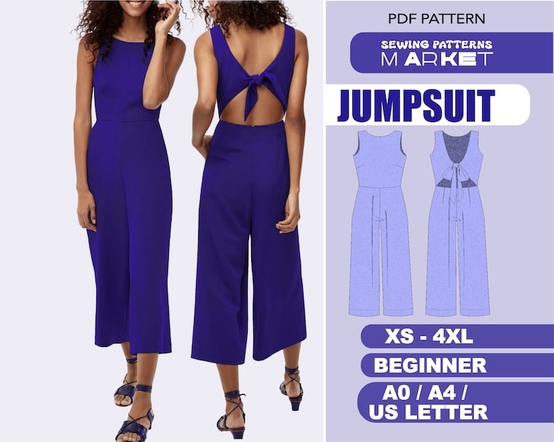 Jumpsuit Pattern, Womens Romper Sewing Pattern, Overalls Onesie Dungaree Pattern, Beginner Patterns, Plus Size Patterns, Wide Leg Jumpsuit image 1