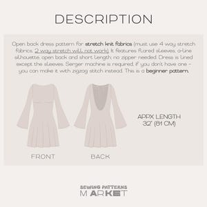Peut inclure: Illustration d'un patron de robe &agrave; dos nu avec des manches &eacute;vas&eacute;es et une coupe trap&egrave;ze. La robe est courte, d'environ 81 cm de long. Le texte "DESCRIPTION" et "SEWING PATTERNS MARKET" est inclus.