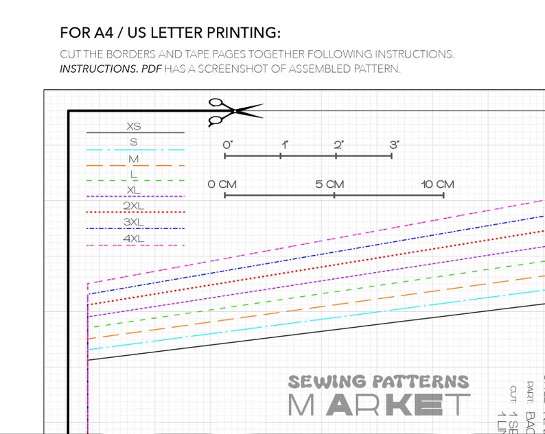 May include: A sewing pattern layout with size markings from XS to 4XL. The image includes a ruler with markings in centimeters and inches, and the text "SEWING PATTERNS MARKET". Instructions are provided for A4/US letter printing.