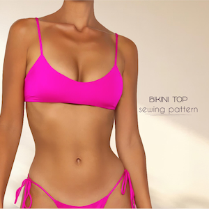 May include: A bright pink bikini top sewing pattern. The pattern is shown on a model wearing the top.