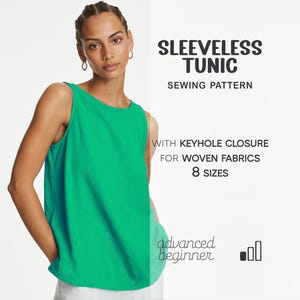 Op de afbeelding: Een mouwloze groene tuniek. De afbeelding toont een vrouw die een felgroene tuniek draagt. De tekst rechts zegt "SLEEVELESS TUNIC SEWING PATTERN" en "WITH KEYHOLE CLOSURE FOR WOVEN FABRICS 8 SIZES". De tekst zegt ook "advanced beginner".