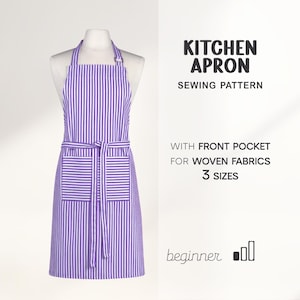 May include: A purple and white striped kitchen apron displayed on a mannequin. The apron has a front pocket and a waist tie. Text on the right reads "KITCHEN APRON SEWING PATTERN" and "WITH FRONT POCKET FOR WOVEN FABRICS 3 SIZES".