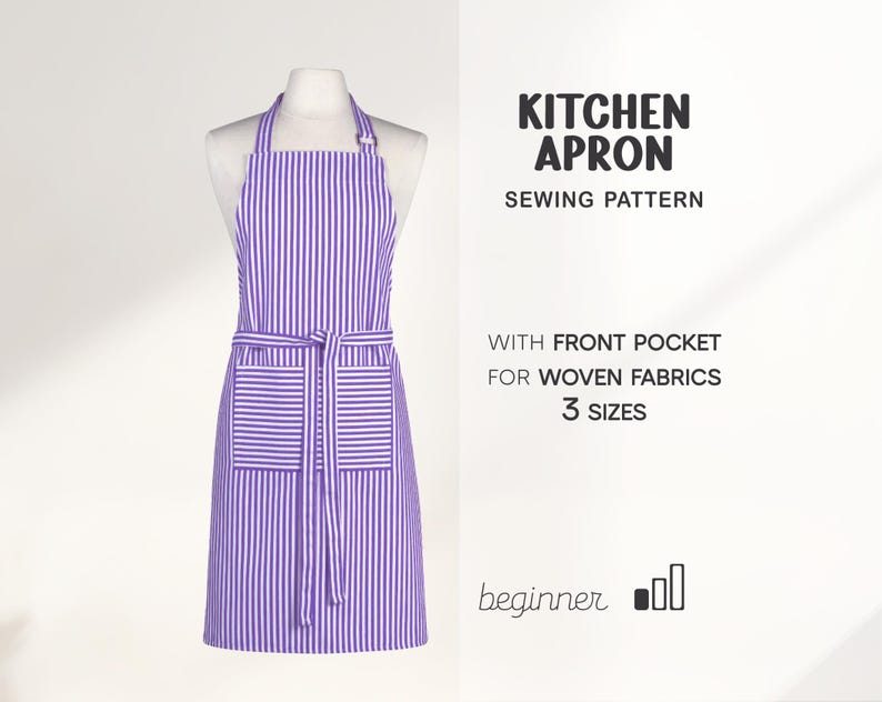 May include: A purple and white striped kitchen apron displayed on a mannequin. The apron has a front pocket and a waist tie. Text on the right reads "KITCHEN APRON SEWING PATTERN" and "WITH FRONT POCKET FOR WOVEN FABRICS 3 SIZES".