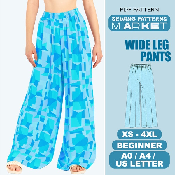 Hose mit weitem Bein Muster, Palazzo Hose Muster, XS - 4XL, Hippie Hose Muster, Pdf Digitale Muster, Schlaghose Plus Size Muster