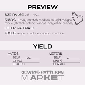 May include: A sewing pattern preview with the text "PREVIEW" at the top. The size range is XS-4XL. The fabric is 4-way stretch. The yield is 22 yards of self fabric. The text "SEWING PATTERNS MARKET" is at the bottom.