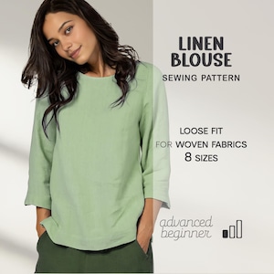 Naaipatroon linnen blouse, zomertop-beginnerpatroon, damestuniekpatroon, plus size ontspannen toppatroon, XS-4XL, pdf-naaipatronen