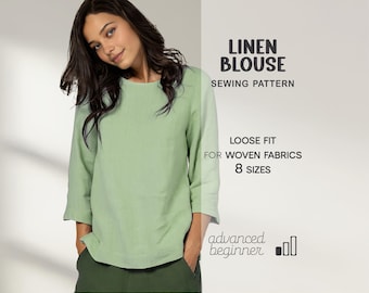 Linen Blouse Sewing Pattern, Summer Top Beginner Pattern, Women Tunic Pattern, Plus Size Relaxed Top Pattern, XS-4XL, PDF Sewing Patterns