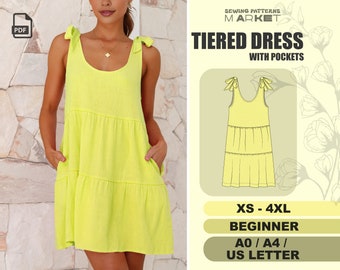 Patrón de vestido de verano, patrón de costura de vestido para principiantes, patrones digitales de vestidos de verano de talla grande para mujer, XS - 4XL, descarga instantánea