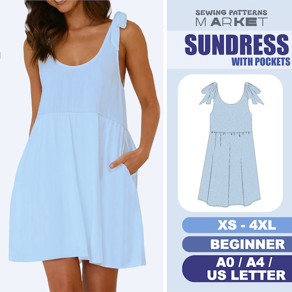 Sundress Pattern Easy Dress Pattern For Beginners, Womens Flared Summer Dress With Pockets, Plus Size Patterns, XS - 4XL,  Instant Download