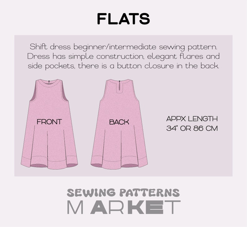 K&ouml;nnte beinhalten: Ein Schnittmuster f&uuml;r ein rosa Shiftkleid mit Vorder- und R&uuml;ckansicht. Das Kleid hat ein einfaches Design mit eleganten Falten, Seitentaschen und einem Knopfverschluss. Die ungef&auml;hre L&auml;nge betr&auml;gt 86 cm.