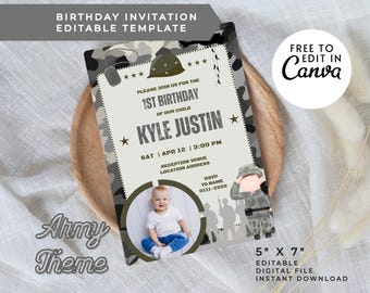 May include: Editable 5x7 inch digital invitation template for a 1st birthday party with an army theme. The invitation features a camouflage background with a photo of a child in a soldier's hat, a soldier cartoon, and the text "Please join us for the 1st birthday of our child Kyle Justin".