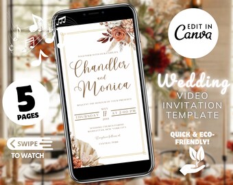 May include: A digital wedding invitation template with a floral design in shades of orange, brown, and white. The text reads "Chandler and Monica" with the date and time of the wedding. The template is designed to be edited in Canva and is quick and eco-friendly.