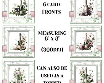 Printable Card Fronts, Card Toppers, Champagne and Florals, Card-Making, Digital Downloads