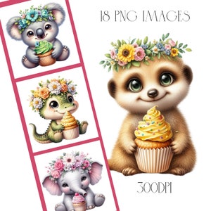 Animal Cupcake Clipart, Lindo Clipart, Descargas Digitales, 18PNG, Imágenes Prediseñadas, Animales, Acuarela, Animales Lindos, Imágenes Prediseñadas, Imágenes De Animales