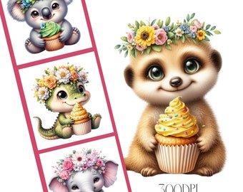 Animal Cupcake Clipart, Watercolor PNG Images (Digital Download)