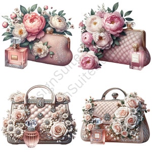 Puede incluir: Cuatro bolsos de mano acolchados de color rosa con adornos florales y frascos de perfume a juego. Cada bolso tiene un dise&ntilde;o floral diferente y est&aacute; adornado con perlas y pedrer&iacute;a.