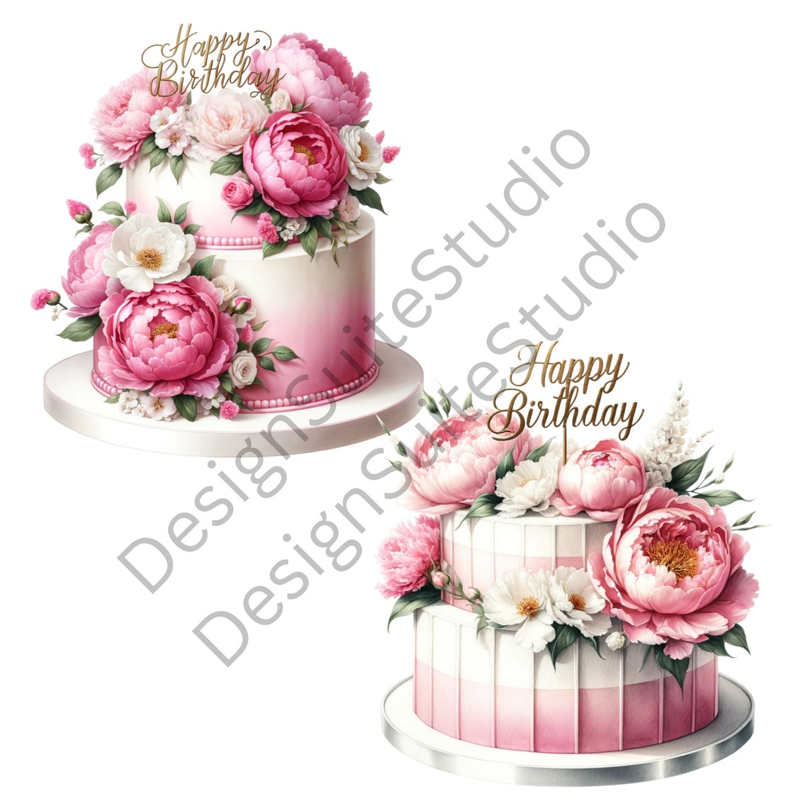 Watercolor Birthday Cake Clipart, Pink Floral PNG Images (18 Files ...
