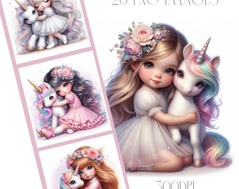 Girl and Unicorn Clipart, Watercolor Style (Digital Download)