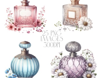 Blumen Parfüm Clipart, digitale Downloads, Clipart, Aquarell, Papiermodell, Geburtstag, 25PNG, Parfüm Clipart, Blumen Clipart, Damen
