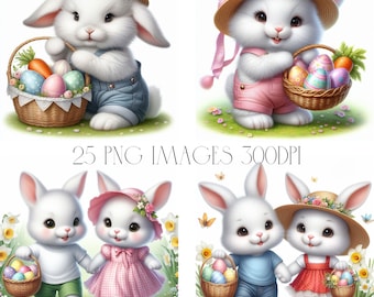 Watercolor Easter Bunnies Clipart, 25 PNG Images (Digital Download)