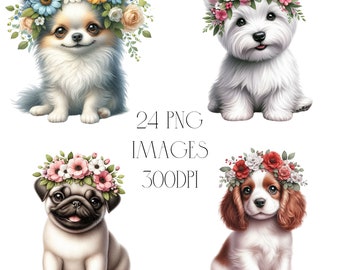Floral Dog Clipart, Watercolour Puppy Graphics (24 PNG) (Digital Download)