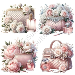 Puede incluir: Cuatro bolsos de mano acolchados de color rosa y blanco diferentes con detalles de joyas y adornos florales. Cada bolso de mano se combina con un frasco de perfume.