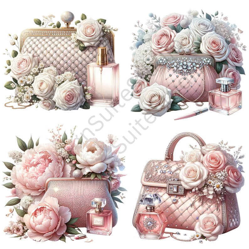 Puede incluir: Cuatro bolsos de mano acolchados de color rosa y blanco diferentes con detalles de joyas y adornos florales. Cada bolso de mano se combina con un frasco de perfume.