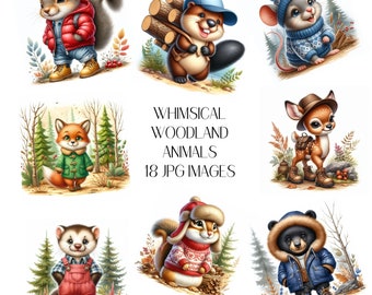 Whimsical Woodland Animals Clipart Set, Watercolor Style (JPG Files)