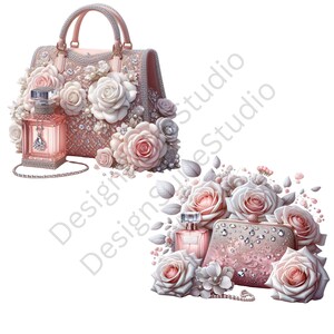 Puede incluir: Un bolso de mano rosa adornado con joyas y flores, acompa&ntilde;ado de un frasco de perfume rosa a juego. Un segundo conjunto de art&iacute;culos a juego se muestra a continuaci&oacute;n, que incluye un bolso de mano rosa adornado con joyas, un frasco de perfume y rosas blancas y rosas.