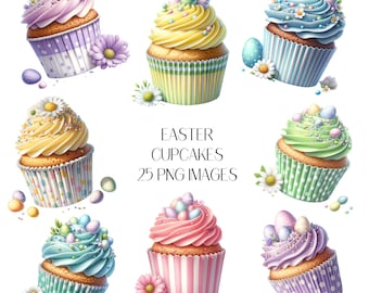 Easter Cupcake Clipart, Watercolor Food PNG (Digital Download)