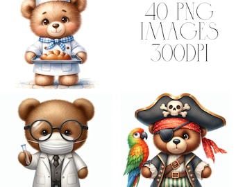Dress Up Teddy Bear Clipart, Watercolor PNG, 40 Images (Digital Download)
