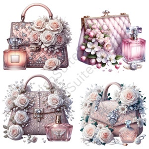 Puede incluir: Cuatro bolsos de mano rosas con adornos de joyas y detalles florales. Cada bolso se combina con una botella de perfume.