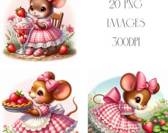 Mouse Clipart, Strawberry Theme, Nursery Art (20 PNG Images)(Digital Downloads)