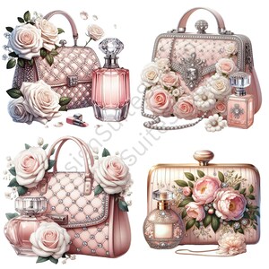Puede incluir: Cuatro bolsos de mano acolchados de color rosa con detalles de joyas y adornos florales. Cada bolso se combina con un frasco de perfume, tambi&eacute;n decorado con joyas y flores.