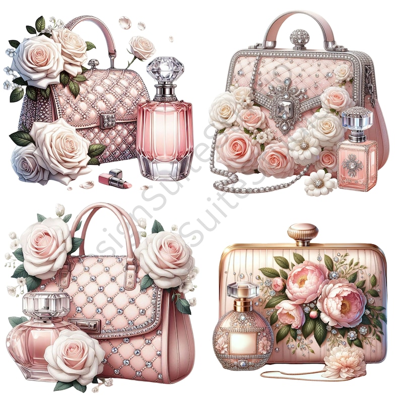 Puede incluir: Cuatro bolsos de mano acolchados de color rosa con detalles de joyas y adornos florales. Cada bolso se combina con un frasco de perfume, tambi&eacute;n decorado con joyas y flores.