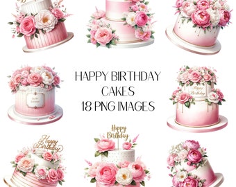 Geburtstag Clipart, Geburtstagskuchen, digitale Downloads, 18PNG, Clipart-Bilder, Kuchen, Aquarell, Kuchen Clipart, Geburtstag, Geburtstagsbilder
