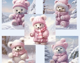 Pink Winter Bears Clipart Set, 10 PNG Images (Digital Download)