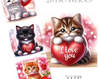 Watercolor Valentine Kittens Clipart, 20 PNG Images (Digital Download)
