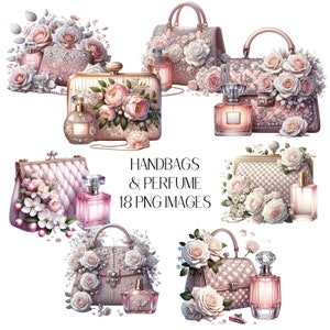Handtas clipart, parfum clipart, PNG-afbeeldingen, dames clipart, handtassen, parfumflesjes, digitale downloads, digitale beelden, mode, pioenrozen