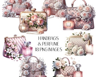 Handbag and Perfume Clipart, Floral PNG Images (Digital Download)