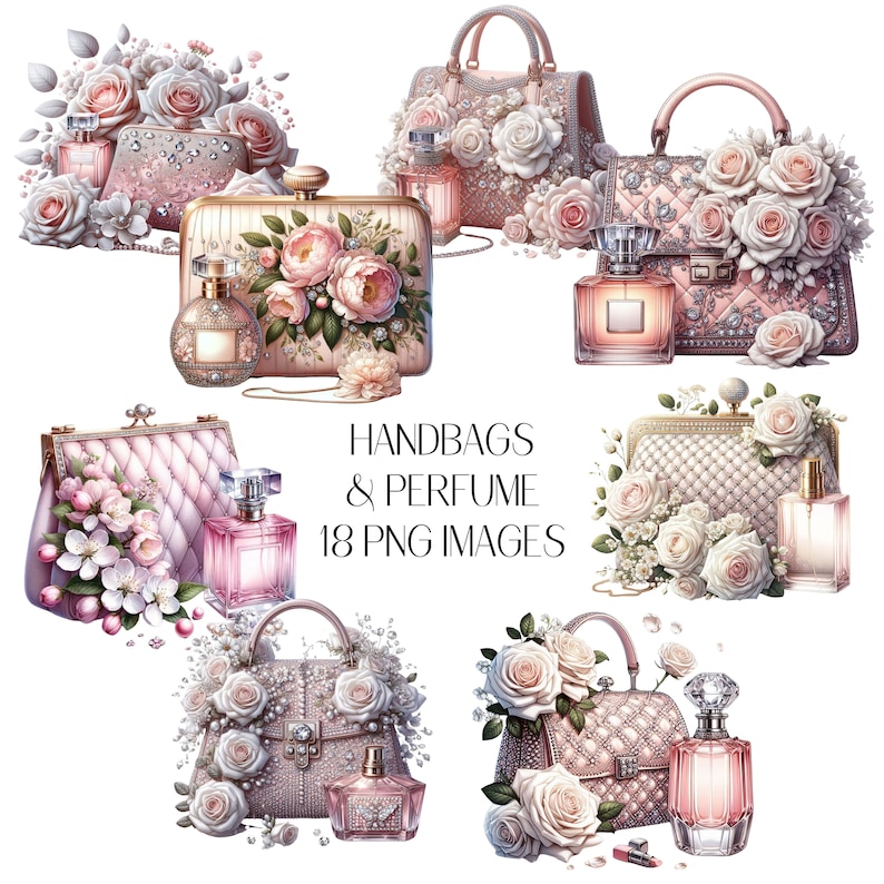 Puede incluir: Un conjunto de 18 im&aacute;genes digitales que muestran varios bolsos de mano y frascos de perfume decorados con flores y pedrer&iacute;a. Los bolsos de mano son en tonos de rosa y blanco, con detalles intrincados y adornos. Los frascos de perfume son de vidrio transparente con acentos florales rosas y blancos. El texto "HANDBAGS & PERFUME 18 PNG IMAGES" se muestra en el centro de la imagen.