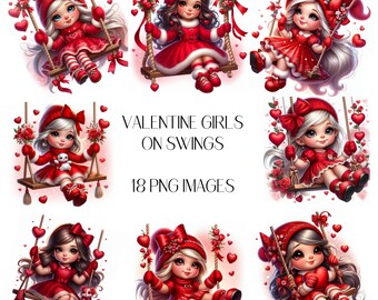 Valentine Girls Clipart, Watercolor Swing Illustrations (18 PNG)