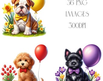 Puppy & Balloon Clipart Set, Spring Flowers (Digital Download, 36 PNGs)