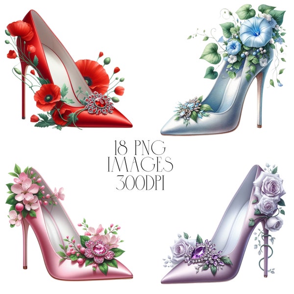 Floral Stilettos Clipart, Digital Downloads, Clipart, Watercolour, Papercraft, Birthday, 18PNG, Shoe Clipart,  Flower Clipart, Ladies