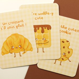 Lot de 3 cartes postales pâtisseries | Cartes postales mignonnes | Cartes kawaii | Croissant | Gaufre | Cookie | Cute style